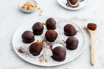 High angle view of dessert in plate on table