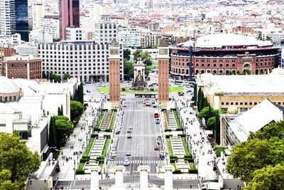 High angle view of city street and buildings