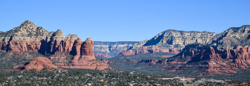 Panoramic desert landscape and mountains under blue sky