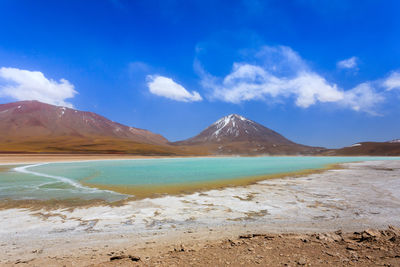 Scenic view of lake and mountains against blue sky