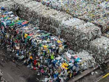 High angle view of people walking on street