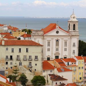 High angel view of buildings in town against sky