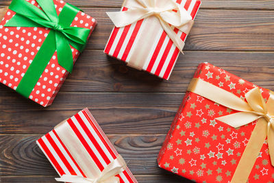 High angle view of christmas decorations on table