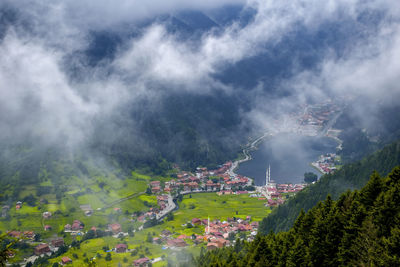 High angle view of trees and buildings against sky. uzungol landscape in trabzon.