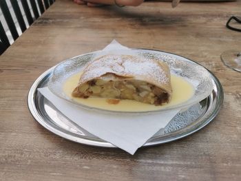 High angle view of dessert in plate on table