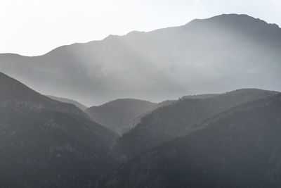 Scenic view of mountains during foggy weather
