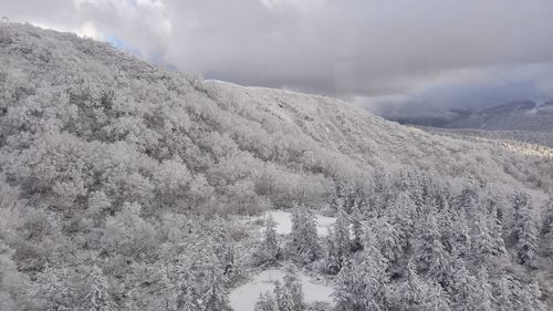 Close-up of snow covered landscape against sky