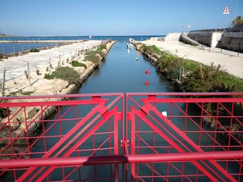 High angle view of bridge over sea against sky