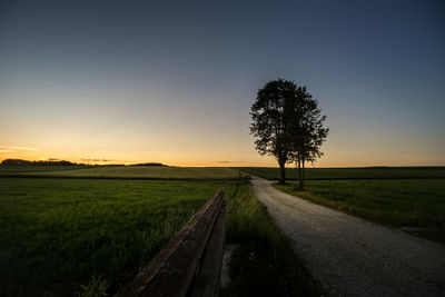 Road amidst field against clear sky at sunset