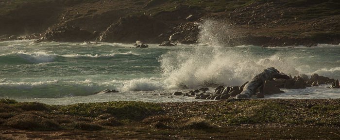 Waves splashing on rocks at shore