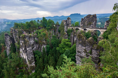 Panoramic view of trees and mountains against sky