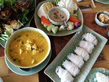 Close-up of breakfast served on table