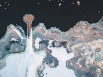 Aerial view of landscape by frozen lake during winter