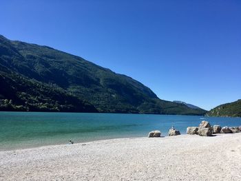 Scenic view of sea against clear blue sky