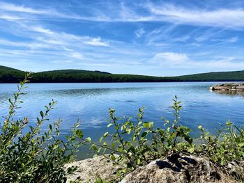 Scenic view of lake against blue sky