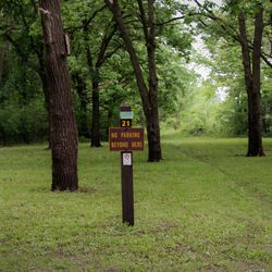 Sign board on tree trunk in forest