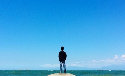 Rear view of man standing on sea against clear sky