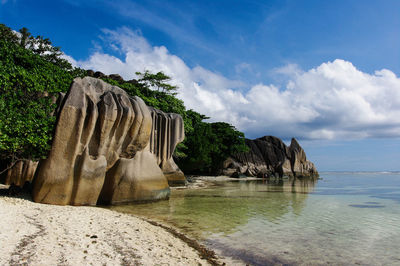 Rock formations on beach against sky