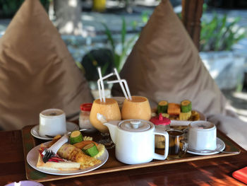Close-up of breakfast served on table