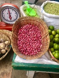 High angle view of fruits in basket at market stall