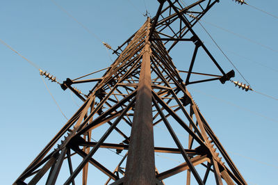 Low angle view of electricity pylon against clear sky