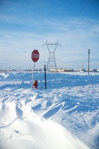 Person on snow covered landscape against sky