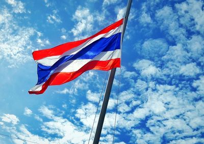 Low angle view of flag against sky