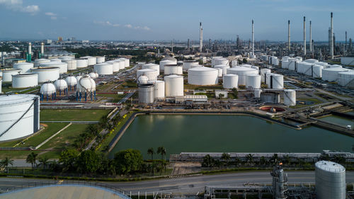 Aerial view liquid chemical tank terminal, storage of liquid chemical and petrochemical products.