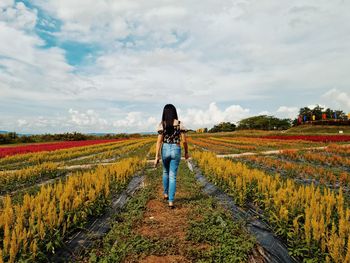 Rear view of woman walking on field against sky