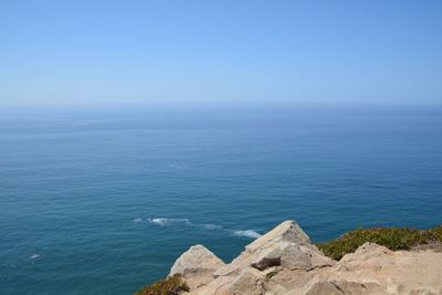 Scenic view of sea against clear blue sky