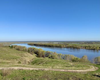 Scenic view of sea against clear blue sky