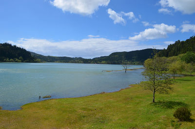 Scenic view of lake against cloudy sky
