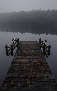 People on pier over lake against sky