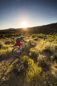 Woman riding a mountain bike outdoors just before sunset.