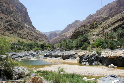 Scenic view of river and mountains against clear sky