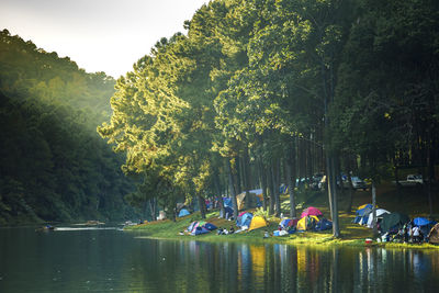 Boats in lake against trees