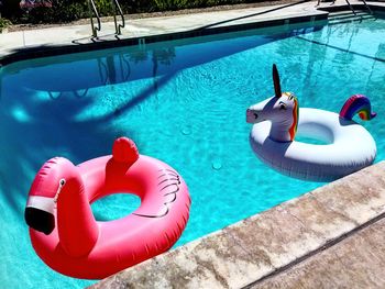 High angle view of flamingo and unicorn shaped inflatable rings on swimming pool