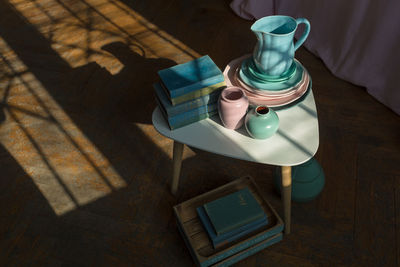 High angle view of crockery on table