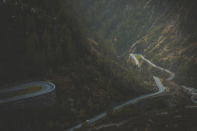 High angle view of road amidst trees