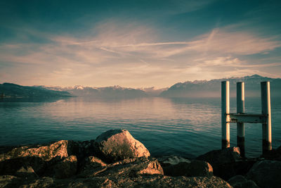 Scenic view of bay against sky