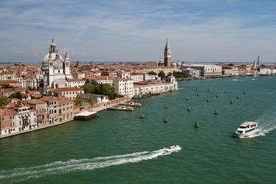 Venice's iconic skyline seen from above  the basin of san marco