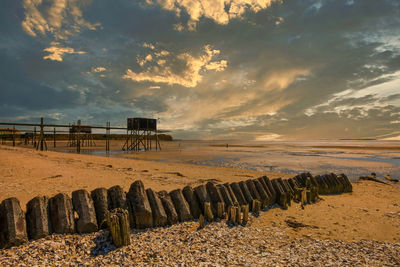 Scenic view of beach against sky during sunset