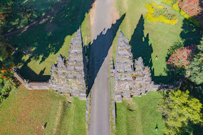 High angle view of trees by building during autumn