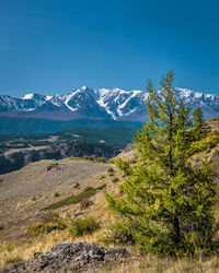 Scenic view of snowcapped mountains against blue sky