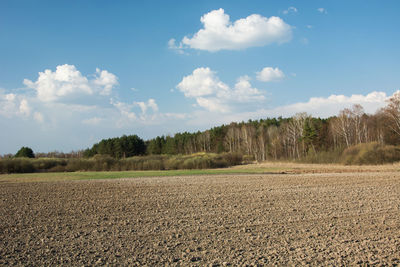 Scenic view of plowed field against sky