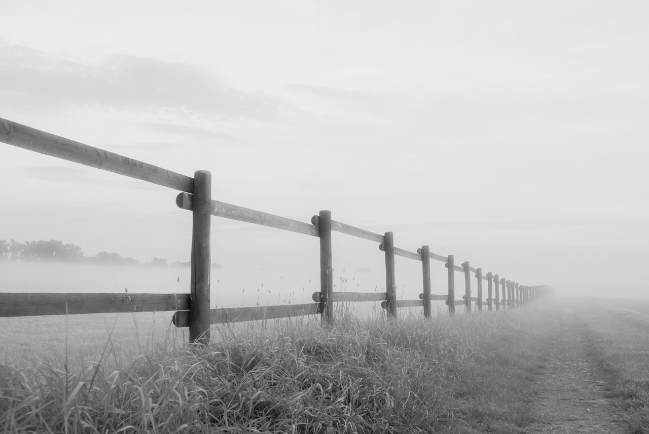 sky, fog, nature, black and white, grass, environment, monochrome photography, monochrome, land, landscape, no people, plant, tranquility, day, field, water, wind, rural scene, outdoors, tranquil scene, horizon, beauty in nature, scenics - nature, mist, morning, architecture, cloud, copy space, transport