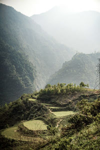 High angle view of landscape and mountains