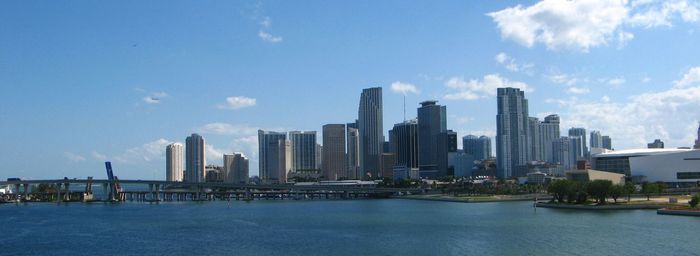 City skyline against cloudy sky