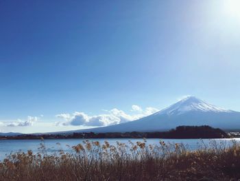 Scenic view of lake by mountains against sky