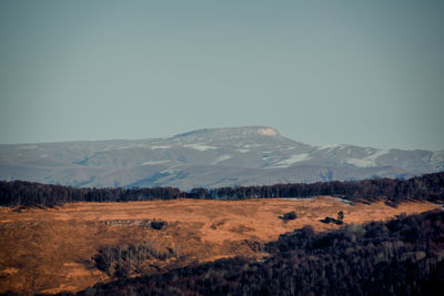 Scenic view of snowcapped mountains against clear sky